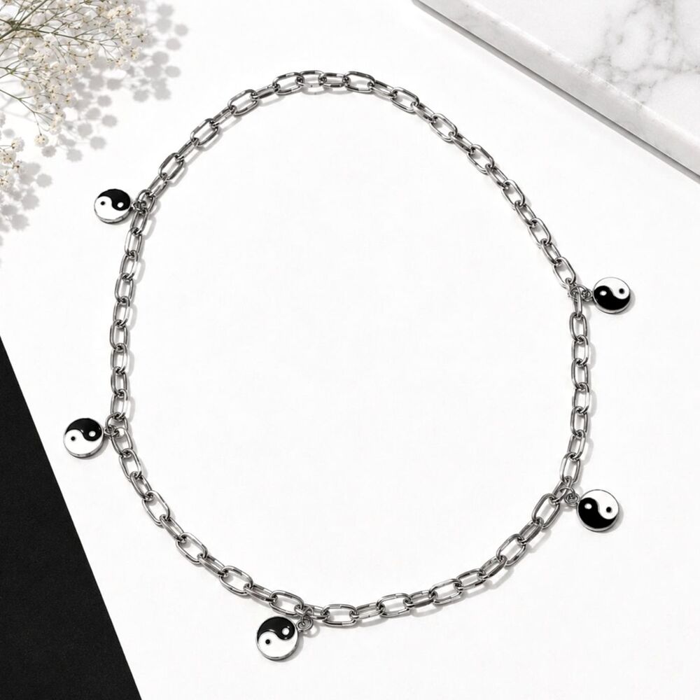 Vintage Yin Yang Charm Chain Belt Silver Tone Black White Enamel 36"